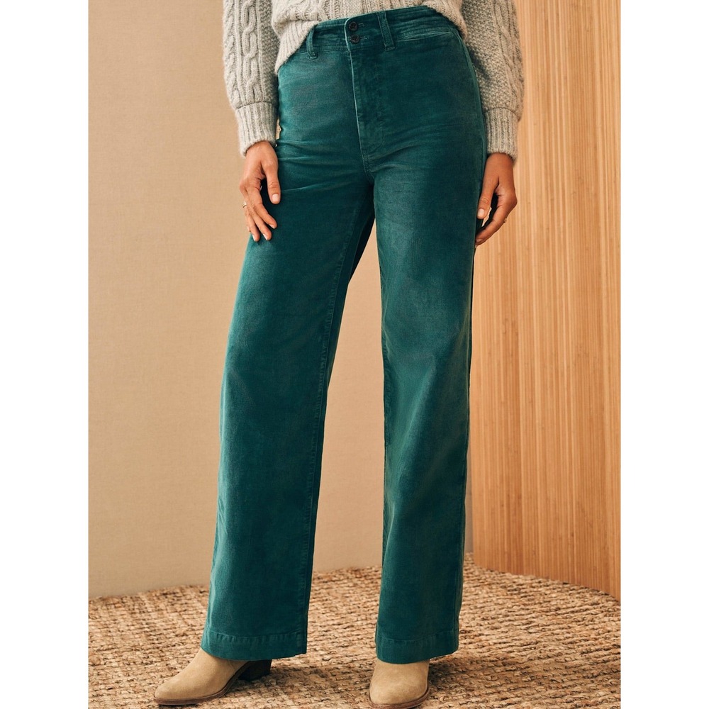 Faherty Corduroy Wide Leg Pants Women 25 Green High Rise Stretch Boho Coastal